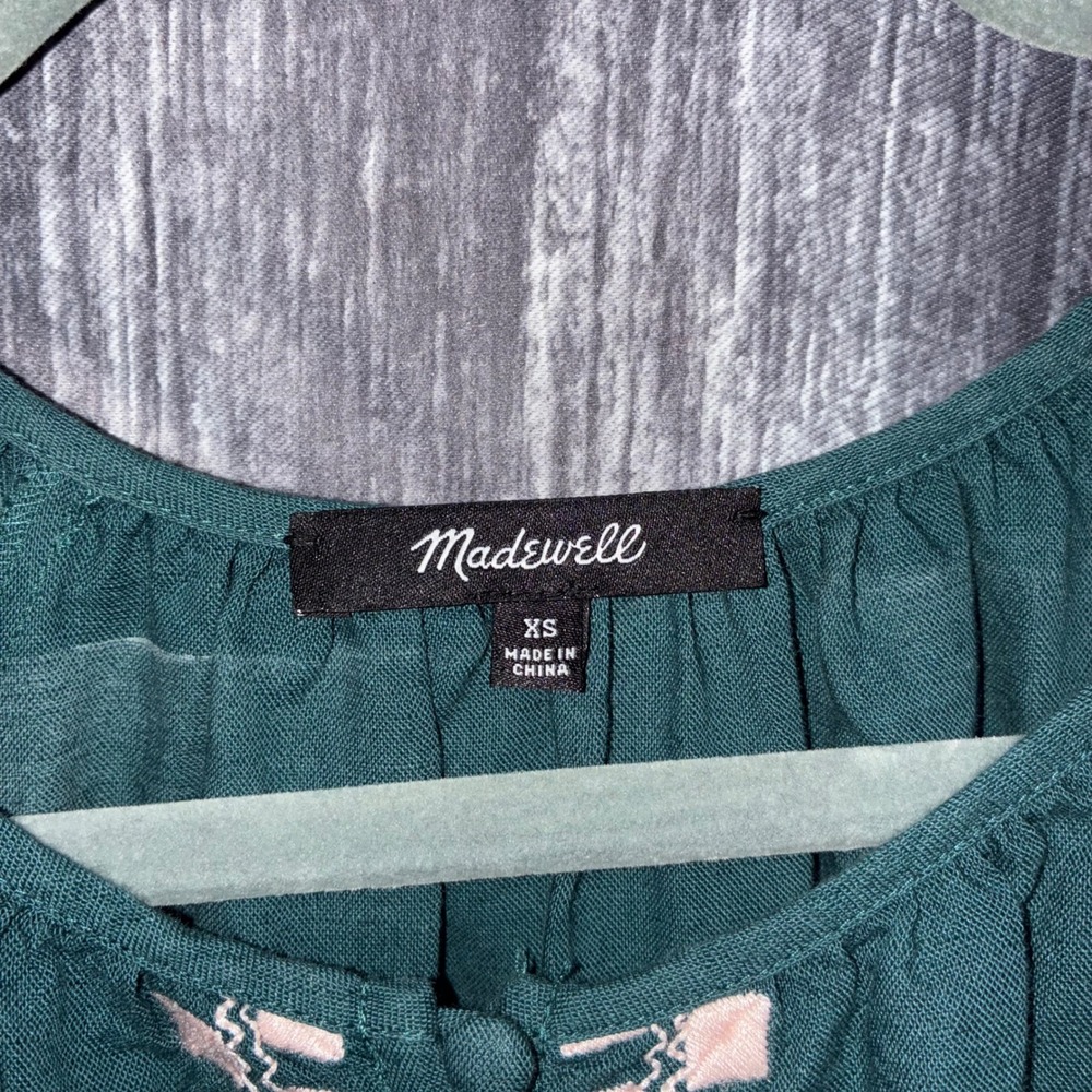 Madewell Dress Green Linen Embroidered Tiered Babydoll Boho Pockets Womens XS - Picture 3 of 9